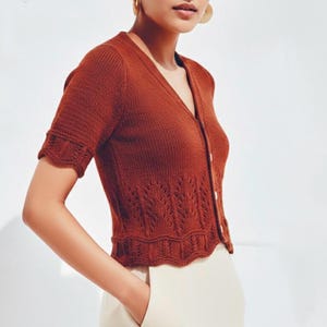 Puede incluir: Un cárdigan de color óxido, de manga corta, con cuello en V y cierre de botones. La prenda de punto presenta un dobladillo y puños festoneados, con un patrón decorativo de hojas cerca de la cintura. El cárdigan se combina con pantalones color crema.