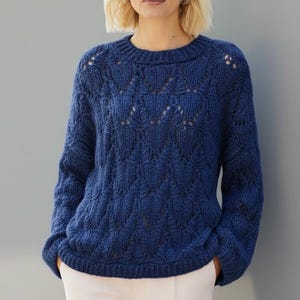 May include: A blue knit sweater with a crew neck and long sleeves. The sweater features a textured pattern with openwork details on the upper chest and sleeves. The garment is made of a soft, possibly wool, material.