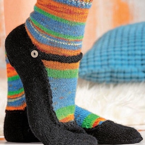 May include: A pair of knitted socks with a black foot and ankle section, and a colorful striped upper in shades of blue, orange, green, and white. The socks have a button closure detail and are designed for comfort and warmth.