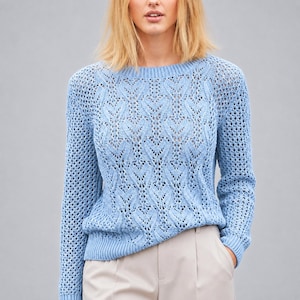 Puede incluir: Un suéter de manga larga en color azul claro que presenta un intrincado patrón de tejido calado con motivos repetidos en forma de corazón en la parte delantera, cuello redondo acanalado y puños acanalados, combinado con pantalones claros.