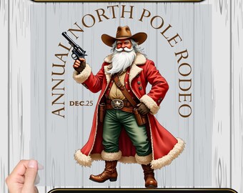 Transferencia DTF de Papá Noel vaquero, diseño de camiseta navideña del oeste, lista para planchar con plancha de Papá Noel rodeo.