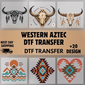 Könnte beinhalten: Eine Sammlung von DTF-Transferdesigns im Western- und Azteken-Stil. Die Designs umfassen Bilder von Bullenschädeln mit dekorativen Elementen und geometrischen Mustern in Orange, Türkis und Braun. Der Text lautet "WESTERN AZTEC DTF TRANSFER +20 DTF TRANSFER DESIGN."