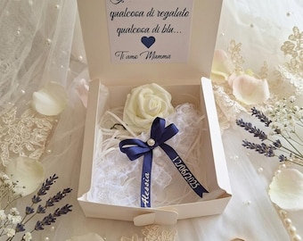 Giarrettiera Sposa Personalizzata con Nome e Data | Box Regalo Addio al Nubilato | Accessori Matrimonio Blu Navy | Regalo Sposa Fatto a Mano