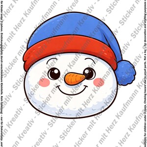 Könnte beinhalten: Aufkleber eines lächelnden Schneemanns mit blauer Mütze und Karottennase. Der Schneemann hat rosige Wangen, schwarze Augen und einen lächelnden Mund. Für Dekoration und Bastelarbeiten.