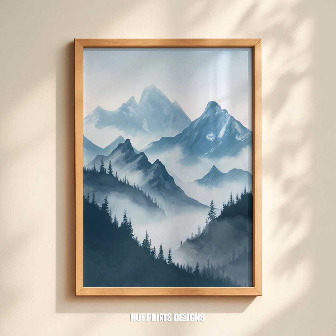 Printable Mountain Wall Art Misty Forest Landscape Digital Download ...