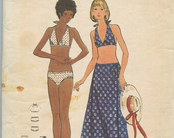 1970's Butterick 6613 Misses' Two Piece Swimsuit, Halter Top, Bikini Briefs, Ankle Length Wrap Skirt Vintage Sewing Pattern Bust 34