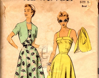 1950's Advance 6737 Misses' Sun Dress with Wide Shoulder Straps & Flared Skirt, Short Dart Fitted Bolero Vintage Sewing Pattern Bust 32