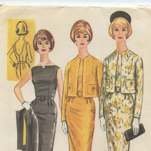 1960's McCalls's 5915 Misses' Sheath Proportioned Dress Bateau Neckline and U Back, Lined Box Jacket Vintage Sewing Pattern Bust 32 UNCUT