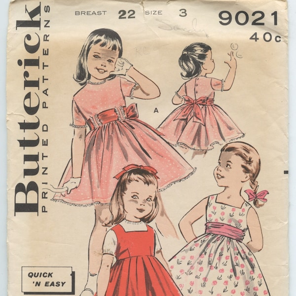 1950's Butterick 9021 Girls Full Skirted Party Dress, Sundress, Jumper Wide Midriff Sash Bow Breast 22