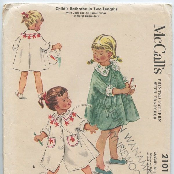 1950's McCall's 2101 Child's Bathrobe in Two Lengths with Jack and Jill Tassel Fringe or Floral Embroidery Vintage Sewing Pattern Breast 21