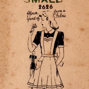 May include: A black and white illustration of a woman wearing a black and white apron with a ruffled hem. The apron is made from one yard of fabric. The illustration includes a pattern for the apron, including measurements for the belt, bow, strap, and skirt.