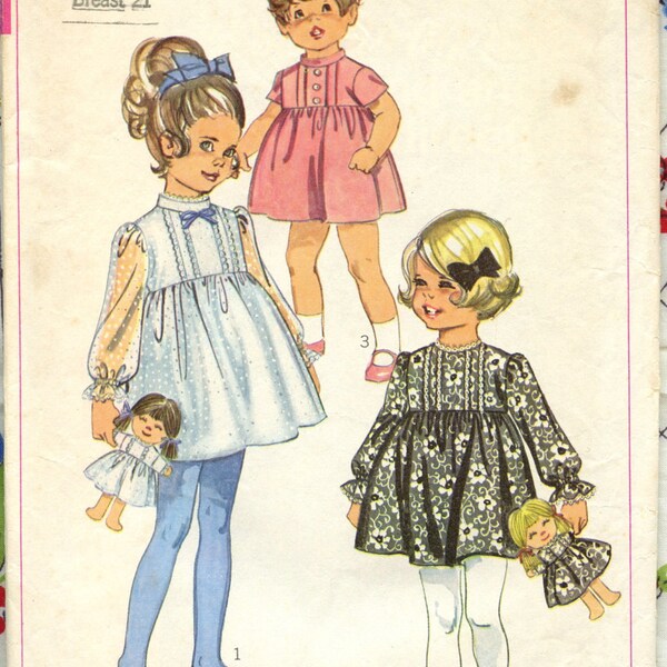 1960s Simplicity 7967 Vintage Childs Dress Pattern Vintage Sewing Pattern Rag Doll and Doll Dress Breast 21