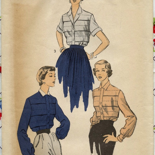 1950s Advance 5628 Misses Tuck Front Blouse Long or Short Sleeve Pointed Collar Vintage Sewing Pattern Bust 32