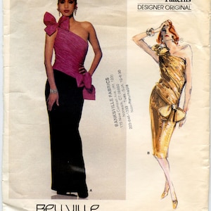 1980s Vogue 1635 Misses One Shoulder Draped Bodice Straight Dress or Gown Evening or Cocktail Length Bellville Sassoon  Bust 31.5 UNCUT
