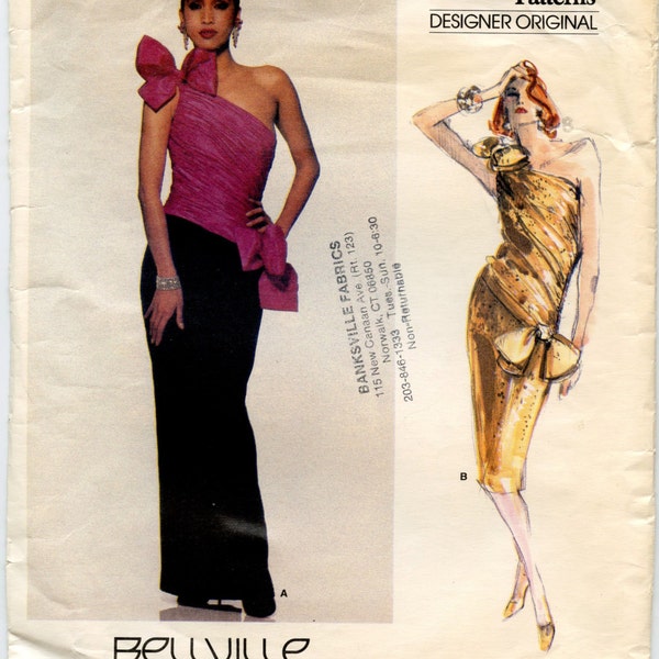 1980s Vogue 1635 Misses One Shoulder Draped Bodice Straight Dress or Gown Evening or Cocktail Length Bellville Sassoon Bust 31.5 non-cut