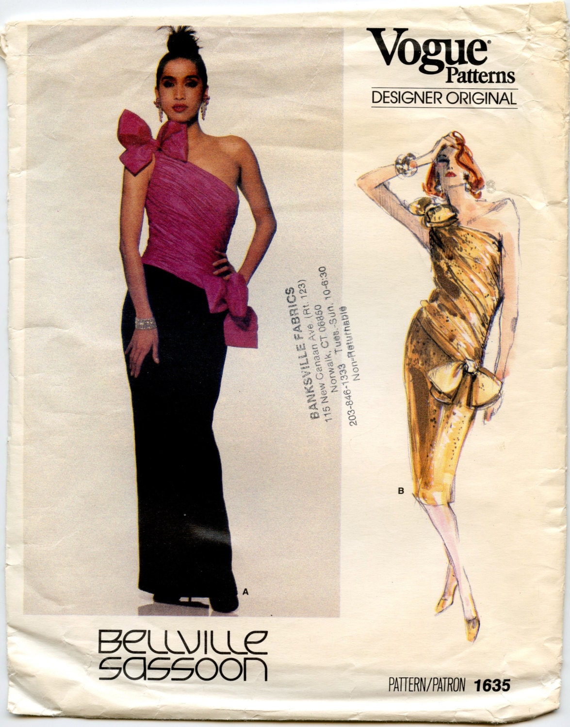 1980s Vogue 1635 Misses One Shoulder Draped Bodice Straight Dress or Gown Evening or Cocktail Length Bellville Sassoon  Bust 31.5 UNCUT