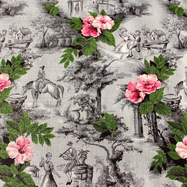 Vintage Gray Toile Barkcloth Fabric Pink Hibiscus Flower New Old Stock