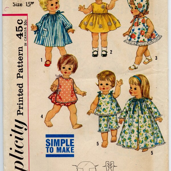 1960s Doll Clothes Pattern Simplicity 4839 Doll Clothes Wardrobe for 15 Inch Dolls Tiny Chatty Baby UNCUT