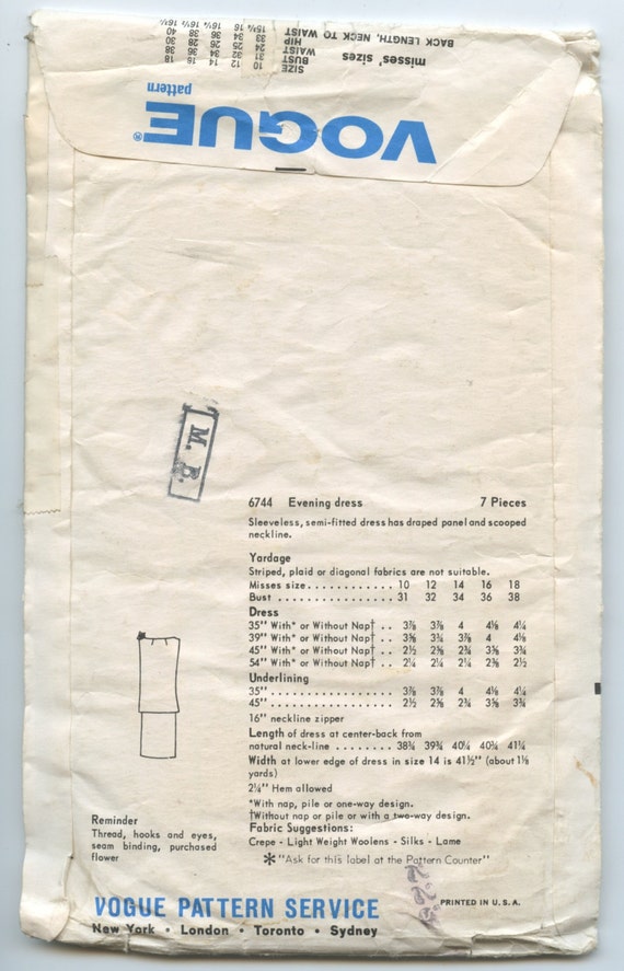 1960s Vogue Special Design 6744 Misses Semi-fitted Evening