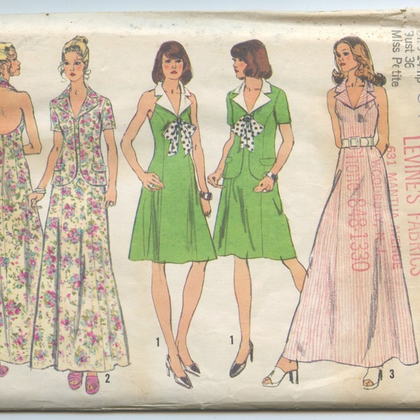 1970s Simplicity 5448 Halter-Dress in Two Lengths and Jacket Vintage Sewing Pattern Bust 36