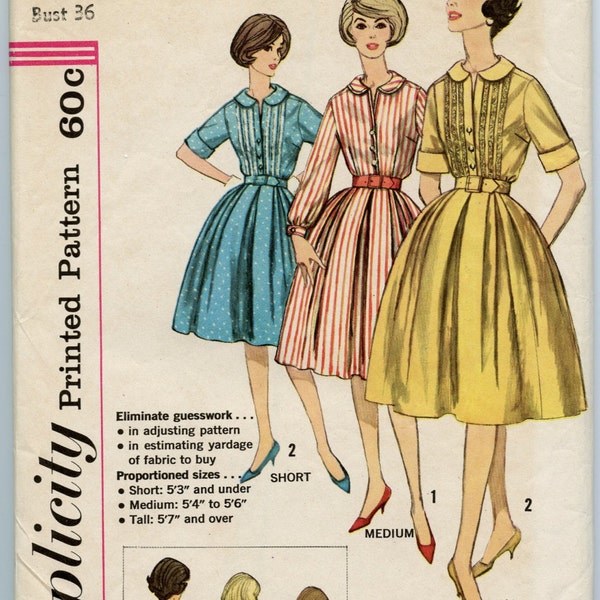 1960s Vintage Sewing Pattern Simplicity 3796 Dress Pattern Misses One-Piece Shirtwaist Dress in Proportioned Sizes Bust 36