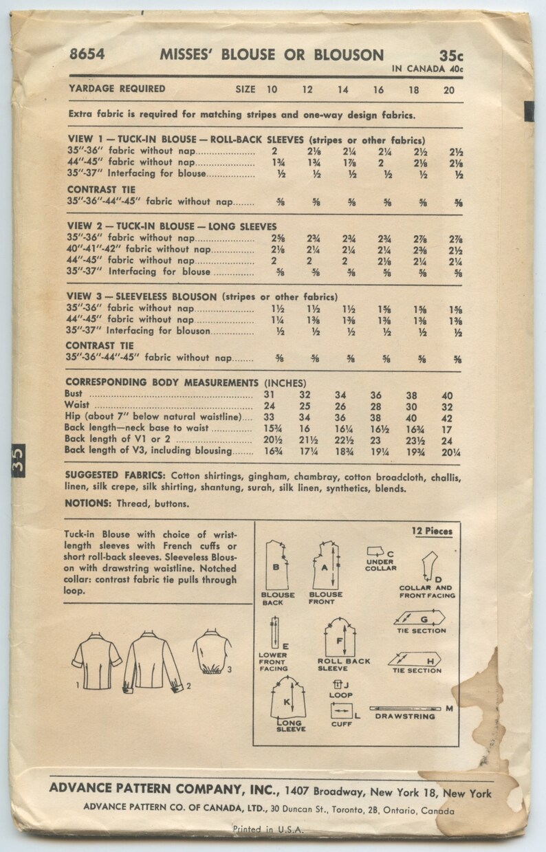 1950's Advance 8654 Misses Tuck-in or Drawstring Blouse, Sleeveless, Short Sleeve, Long Sleeve Vintage Sewing Pattern Bust 32 UNCUT image 2