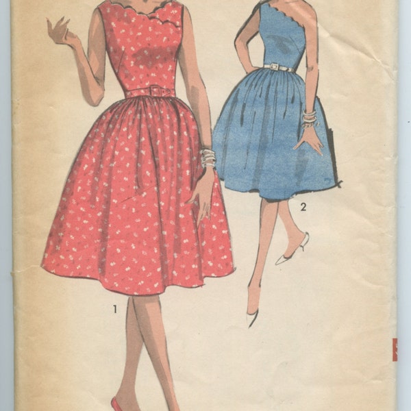 1960s Misses Scalloped Crisscross V Neck or One Shoulder Dress Full Skirt Advance 2932 Vintage Sewing Pattern Bust 34 non-cut