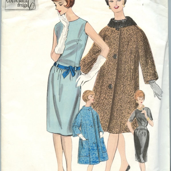 1960s Vintage Couture Pattern Vogue Couturier 1032 One Piece Dress Coat and Scarf with LABEL Bust 32