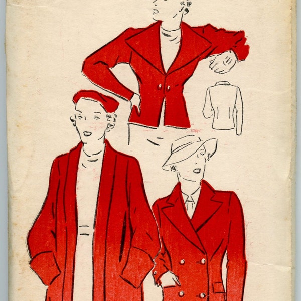 1930's Coat Pattern New York Pattern 604 Ladies' and Misses' Jackets and Coat Vintage Sewing Pattern Bust 32