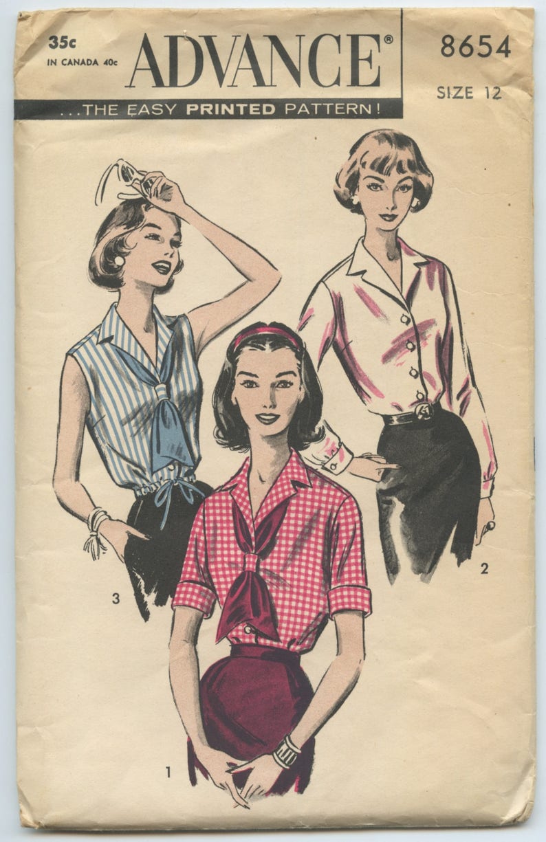 1950's Advance 8654 Misses Tuck-in or Drawstring Blouse, Sleeveless, Short Sleeve, Long Sleeve Vintage Sewing Pattern Bust 32 UNCUT image 1