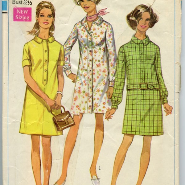 1960s Simplicity 8084 Misses Shirt Dress Vintage Sewing Pattern  Bust 32.5