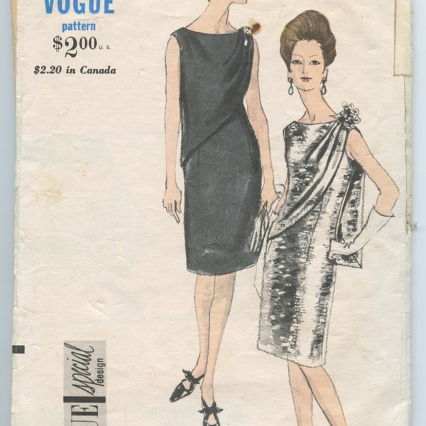 1960s Vogue Special Design 6744 Misses Semi-Fitted Evening Cocktail Dress Draped Panel Vintage Sewing Pattern Bust 32