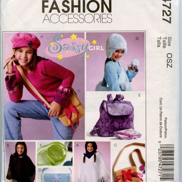 4727 Sassy filles accessoires couture patron chapeau Poncho sac à dos Messenger sac CD cas McCall bourse non-coupe