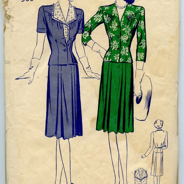 1940's Butterick 2515 Vintage Sewing Pattern Misses Suit Dress Pleated Skirt Jacket Blouse Dickey Bust 34