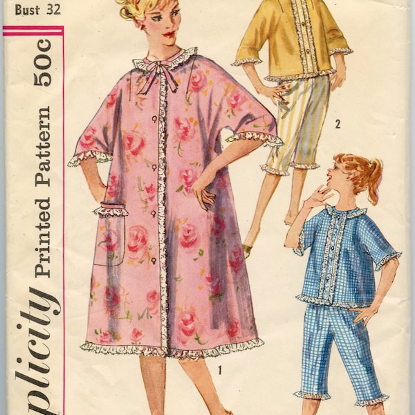 1960s Vintage Sewing Pattern Simplicity 3665 Pajamas or Robe with Kimono Sleeves and Lace Trim, Bed Hat with Lace Edging Bust 32