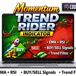 Indicador Momentum Trend Rider / Señales de compra y venta / Herramienta de scalping de criptomonedas en Forex / Estrategia de volumen RSI / Script Pine de TradingView