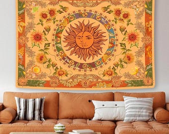 Sun and Moon Tapestry, Sunflower Retro Wall Art, Room Decor (51x59 inches)