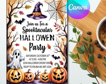 Redigerbar Halloweeninbjudan, Halloweenfestinbjudan, Halloween-spöklik inbjudan, Halloween-anpassad festinbjudan, utskrivbar Canvas-mall