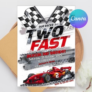 Two Fast Birthday Invitation, Vintage Race Car 2nd Birthday Invitation, Two Fast Birthday Party Invite, Editable Template Canva