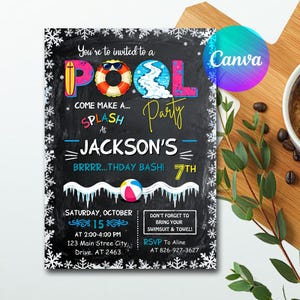 Winter Pool Party Invitation, Winter Party Invite, Editable Pool Birthday Party Invitation Template, Poolside Party Invite, 8th Birthday
