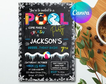 Winter Pool Party Invitation, Winter Party Invite, Editable Pool Birthday Party Invitation Template, Poolside Party Invite, 8th Birthday