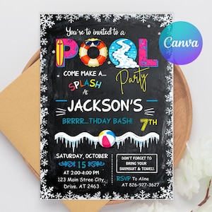 Winter Pool Party Invitation, Winter Party Invite, Editable Pool Birthday Party Invitation Template, Poolside Party Invite, 8th Birthday