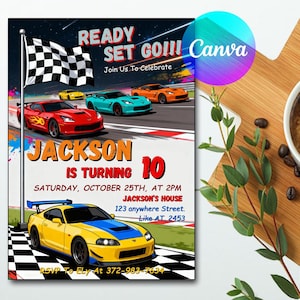 May include: A colorful birthday party invitation with a race car theme. The design features race cars, a checkered flag, and the text "READY SET GO!!!" and "Jackson is turning 10". Includes event details and RSVP information.