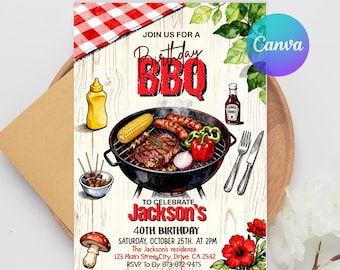 Einladung zum Grillgeburtstag, Vorlage für eine Grillparty im Garten mit rotem Vichy-Karo, Einladung zum Grillen, bearbeitbare Canva-Vorlage, Grill-Einladung