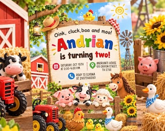 Barnyard Animals Birthday Invite, Farm Animal Second Birthday Invitation Girl, Farm 2nd Birthday Canva Template (Digital Download)