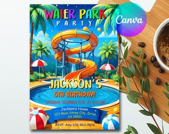 Verjaardagsuitnodiging waterpark, bewerkbaar canvas (digitale download)