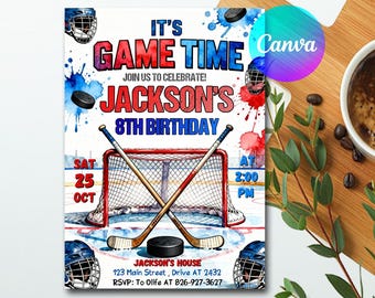 Hockey-Geburtstagseinladung, Eishockey-Party einladen, druckbares Sportthema, bearbeitbarer digitaler Download, Canva-Vorlage