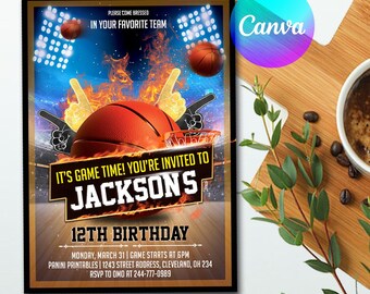Basketball birthday Invitation, Sports Party Birthday Invitation, Boys Girls Basketball Invite, Sports Theme, Editable in Canva