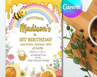 Little bee invitation, bee birthday, girl's first birthday, printable invitation, invitation template, kids birthday invite