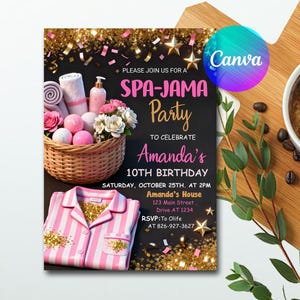 May include: An invitation for a Spa-Jama Party to celebrate Amanda's 10th birthday. The design includes a basket of spa items, pink pyjamas, and gold confetti. The text reads "SPA-JAMA Party" and includes RSVP details.
